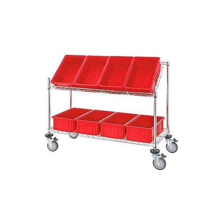 Global Industrial Easy Access Slant Shelf Chrome Wire Cart, 8 Red Grid Containers, 48Lx18Wx48H 493427RD